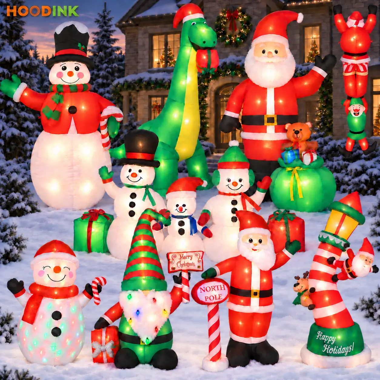 Hoodink Light-Up Festive Outdoor Holiday Decor Inflatable Set - Santa, Snowman Mascot, Electric Blower, Indoor Home Festive & Party Supplies, Light-Up Feature Outdoor Holiday Decor,home decor