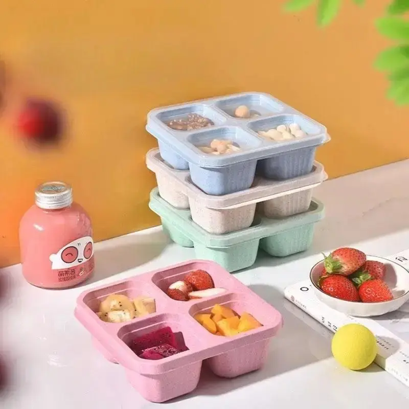 4 Piece Set Bento Box Snack Container, Four Compartment Transparent Lid Fruit Box, Portable Lunch Box for Outdoor Camping Picnic Travel