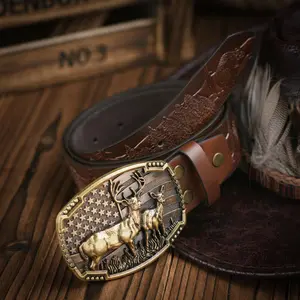 Vintage Western Style Embossed Leather Belt with Deer Head Buckle - Cowboy Style Jeans Belt, Fashionable Unisex Waist Belt, Perfect for Holiday Gifts