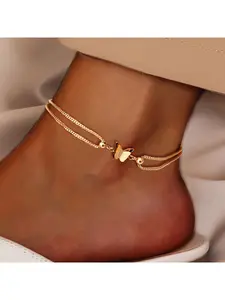 Personalized trend-inspired double-layer stainless steel ankle chain, versatile matte butterfly accessory, long ankle chain for women