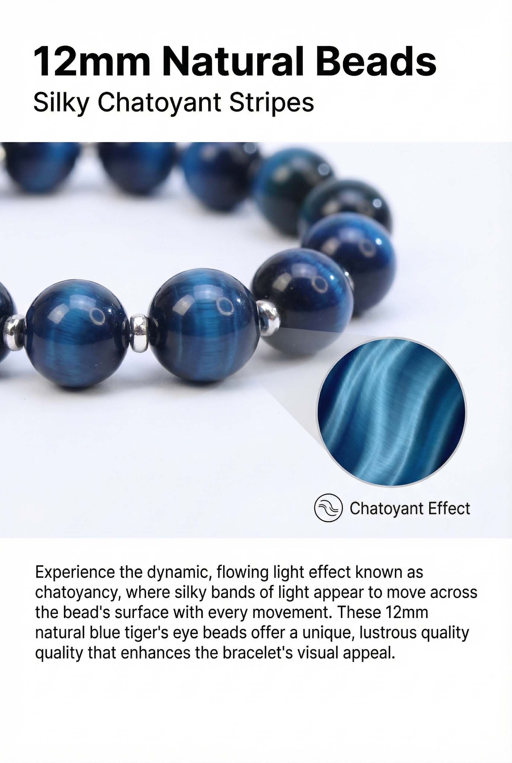 12mm Large Natural Blue Tiger Eye Beaded Bracelet Lucky Wealth Protection Jewelry Gift