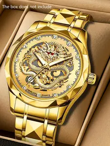 A men's fashionable rhinestone night light personalized golden dragon design high-end trendy business versatile quartz watch Luminous Dial Analog Watch