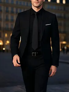 2pcs Men'S Slim Fit Black Suit Set - Long Sleeve, Polyester Blazer & Dress Pants with Pockets - Lapel Collar, Button Detail, All-Season Formal Wear for Weddings, Work, Business Meetings, Workwear, Tailored Fit