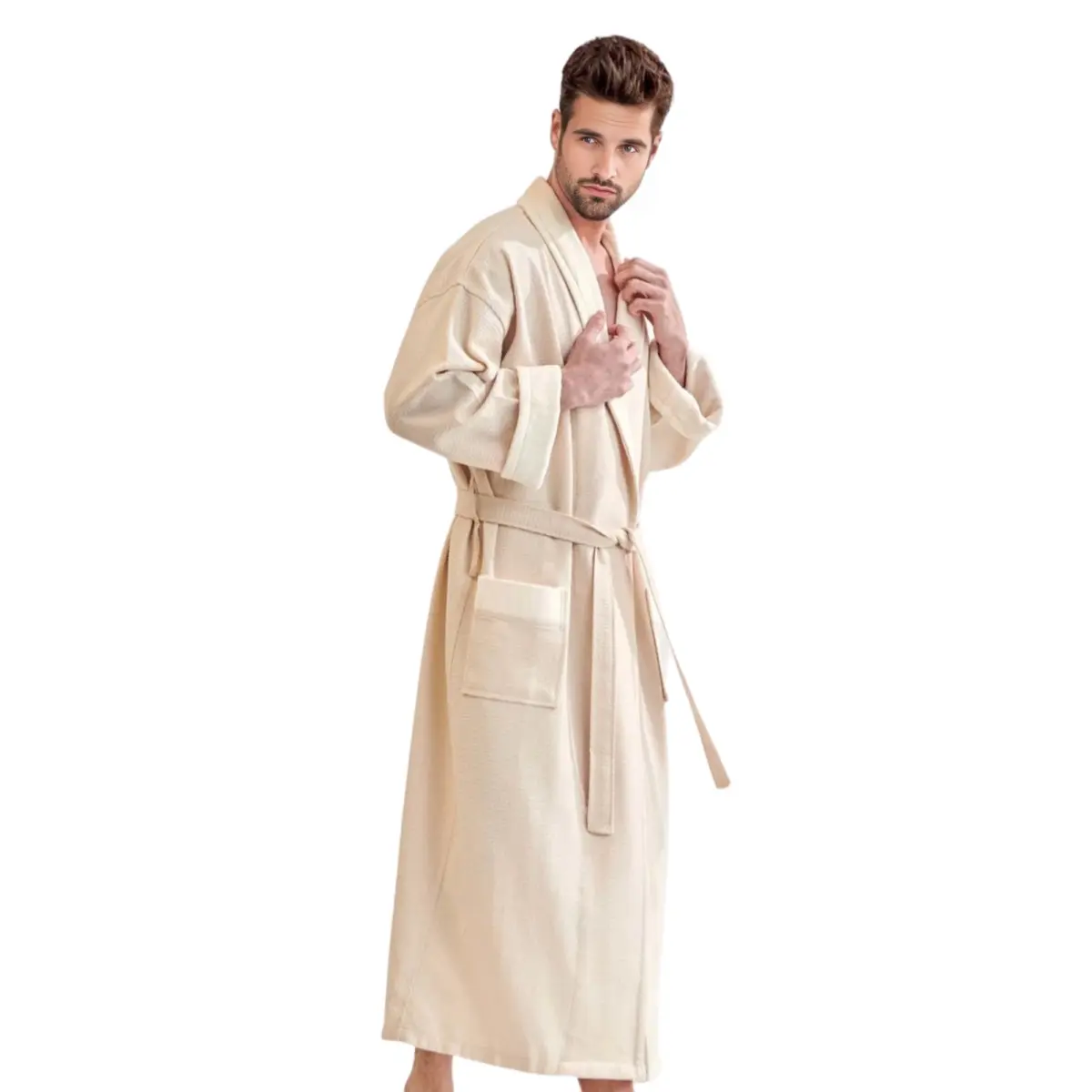 212 MAIN Unisex 100% Cotton Long Sleeve Waffle Weave Bath Robe - Beige, Plush Fabric, Velour Shawl, Self-Fabric Belt, Deep Pockets, Hanger Loop, 1 Size, Geometric Design, Home Spa Loungewear, Spa-Like Indulgence, Bathroom Towel Essential, One Size