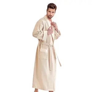 212 MAIN Unisex 100% Cotton Long Sleeve Waffle Weave Bathrobe - Beige, Plush Fabric, Velour Shawl, Self-Belt, Pockets, 1 Size, Menswear Layer, Day Loungewear, Bathroom Home Supplies Towel Essential