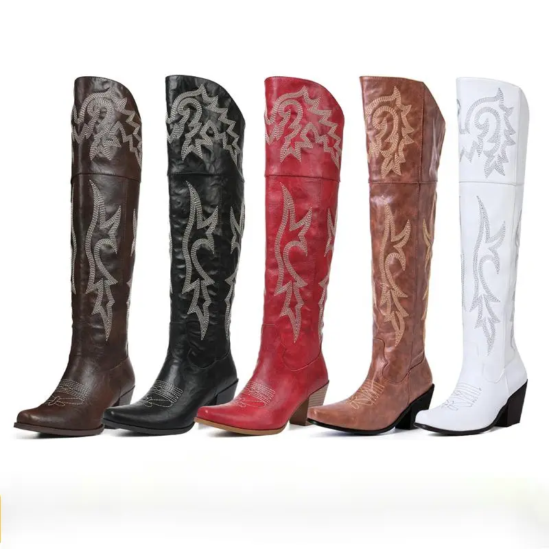 Over the Knee Cowgirl Boots for Women Pointed Toe Embroidered Western Boots with Side Zipper Chunky Long Cowboy Boots Walking Shoes Footwear Comfort Bathroom Orthotic Bridal Onyx Women's Dreamy Boots