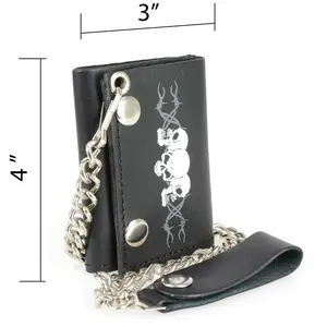 Men's 4” Leather “Triple Skull” Tri-Fold Wallet w/ Anti-Theft Stainless Steel Chain