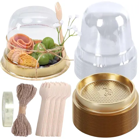 50pcs(Style A) Disposable Individual Plastic Charcuterie Cup Box Set - 11cm Diameter, 10.6cm Height, Sturdy, Smooth, Transparent Dome, Mini Wooden Sporks, Rope, Tape, Cups+Forks+Tape Hand Tool Kit for Graduation, Birthday Events
