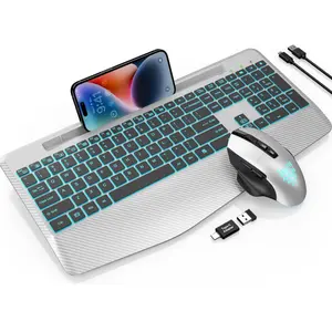SABLUTE KM22 Ultra Backlits Wireless Keyboard and Mouse(non-bluetooth) , Wrist Rest, Rechargeable Keyboard with Phone Holder, Silent Light Up Combo