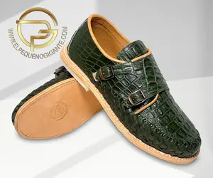 Green Mens Monk Strap Croc Leather Shoe Handmade Mexican Monk Slip On Strap Leather Stamp Green Crocodile Huarache Strap Slip On Shoe