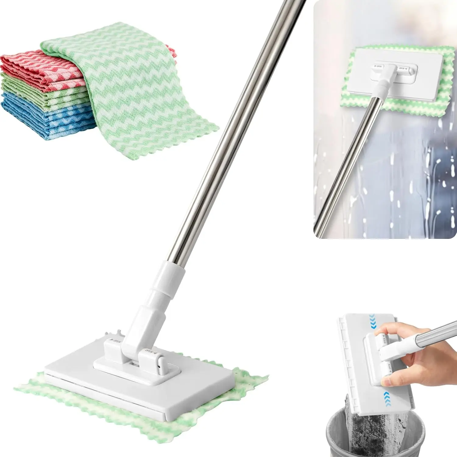 Disposable Snap Grip Mini Mop - 55" Adjustable Extendable Long-Handled Mop for High Places, Walls/Floors, Pet Hair Removal, Tight Corners with 20 Reusable Pads