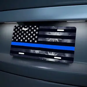 Thin Blue Line American Flag License Plate- 6x12 Inch Black and White Mountain Design, Funny Car Decor Dresser Label, Aluminum Material, Perfect for Home Decor, 2D Flat, For Decoration Only