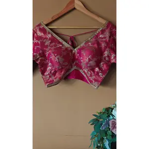 Floral Print Pink Party Wear Banarasi Silk Blouse