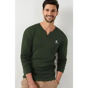 Men V Neck Olive Green Full Sleeve Plain Men T-Shirt Casual