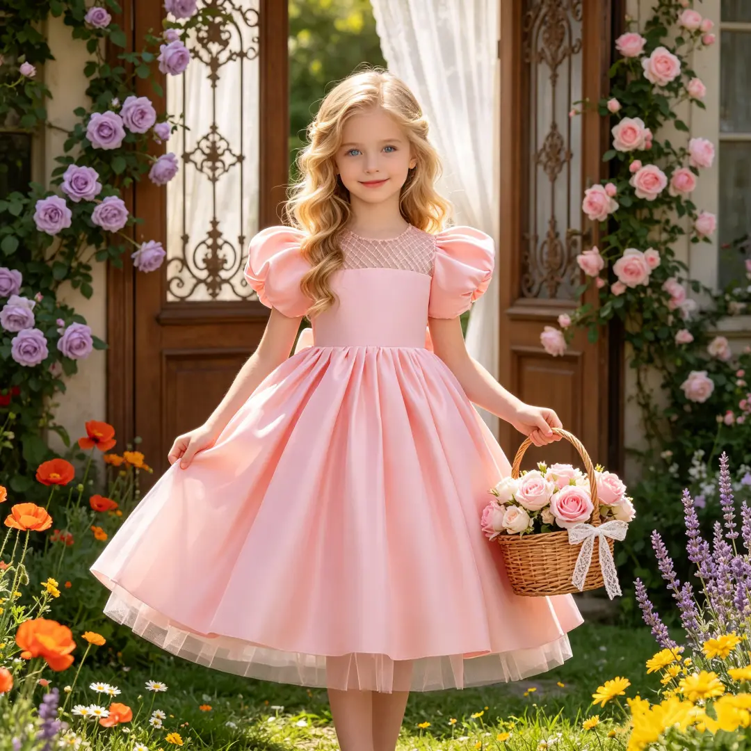 5302 Girls' Dress Formal Princess Gown Fluffy Tutu Piano Recital Costume Puff-Sleeve Birthday Dress