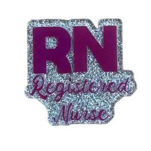 Acrylic Add On for Badge Reel - RN Registered Nurse Glitter Design with Velcro & Sticker Adhesive Options Personalized Accessories