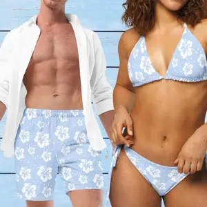 Romantic Matching Couples Swimwear Tropical Pastel Floral Print Bathing Suits for Beach Vacation
