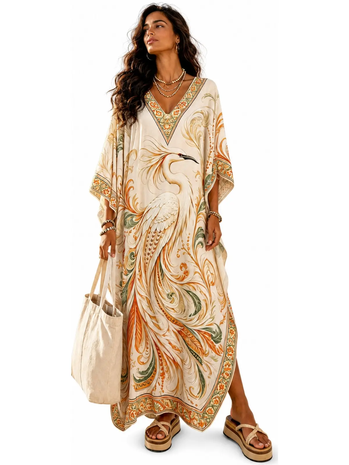 Women's Modest Islamic V-neck Animal Print Kaftan - Loose, Breathable Vintage Loungewear Moomoo Dress for Vacation & Daily Relaxing