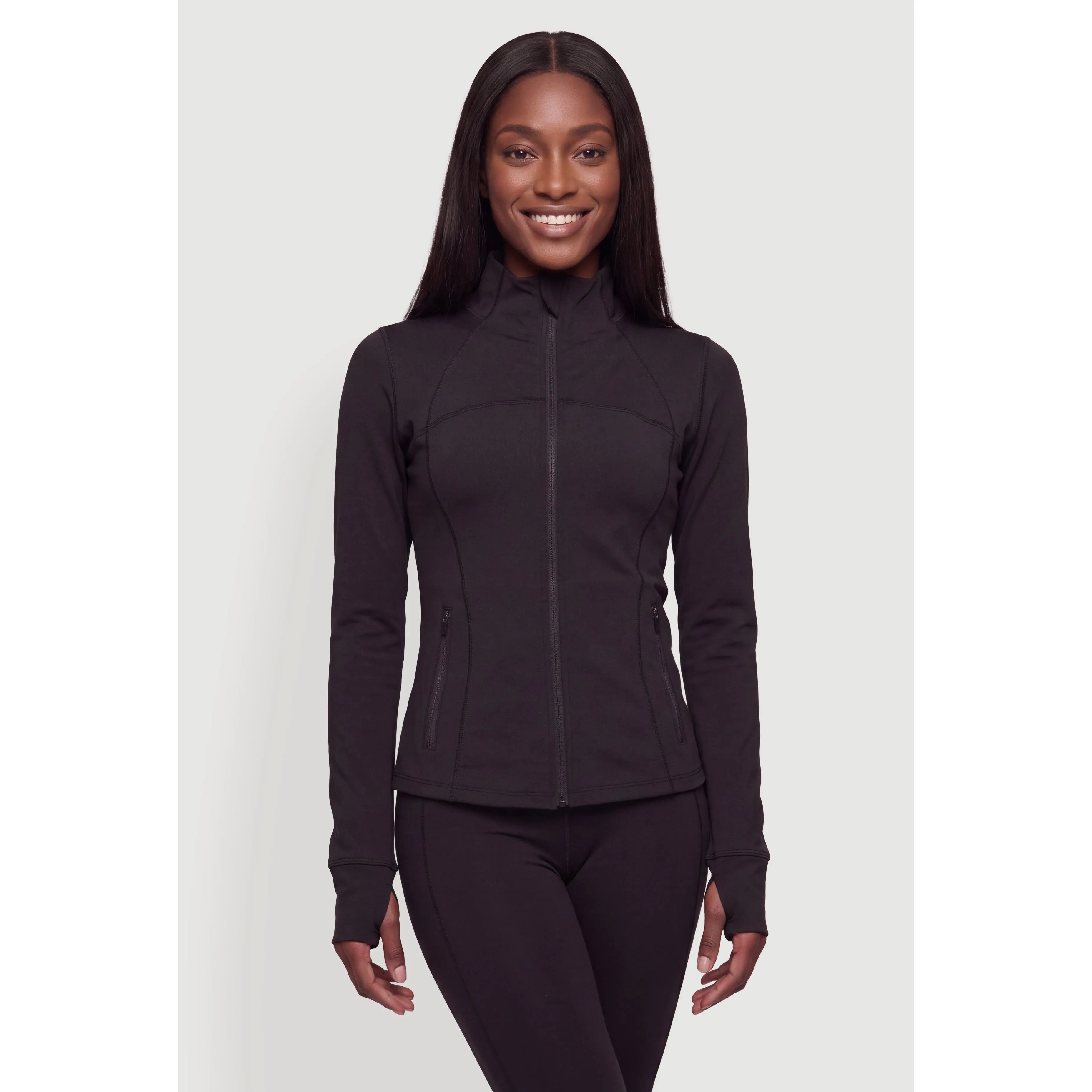 Mock Neck Zip Front Active Jacket with Thumb Holes