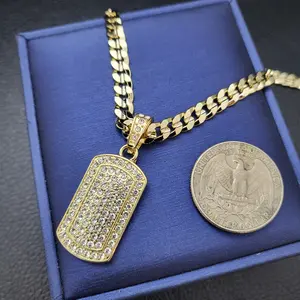 MaxBling81 Mini Size Iced CZ Dog Tag Pendant Statement Necklace, 14K Stamped Brass 6mm Cuban Chain (20" or 24"), Hip Hop Celeb Style Daily Wear Fashion Costume Jewelry