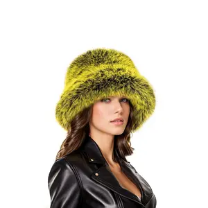 Yellow black two tone faux fur bucket hat