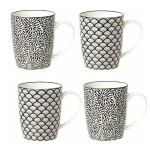 Coffee Mugs, Japanese style, Set of 4 Modern black stripes Mugs/Cups with Large Handle, for Women or Men, Great for Tea, Cocoa or Hot Chocolate, 12 Fluid Ounce Capacity