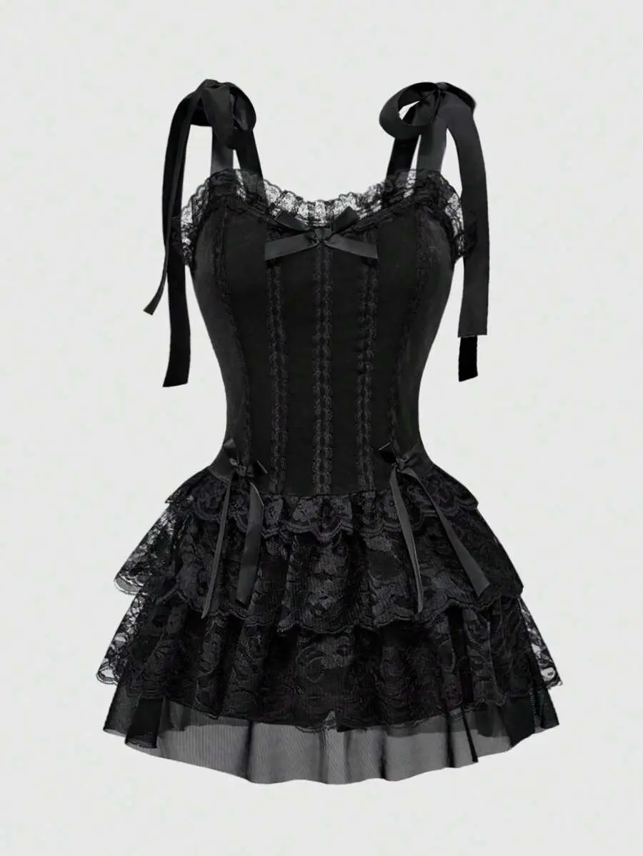 LUNA LAYER Womens Gothic Vintage Palace Velvet Corset Mini Dress Lace Trim Cross Pendant Halloween Party Cami Outfit