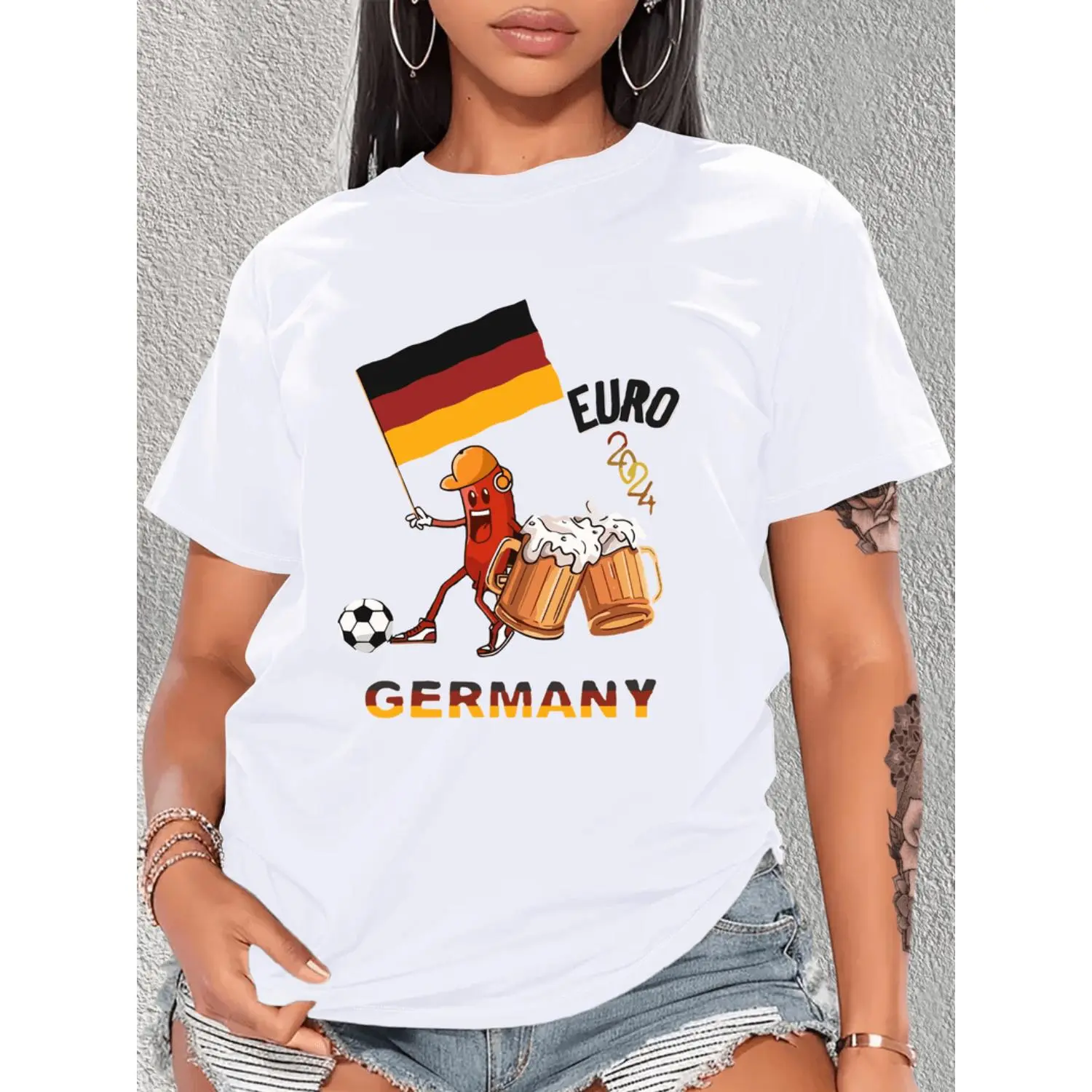 Germany Euro Football And Beer Celebration Print Cotton T-shirt For Women Casual Fashion Round Neck Short Sleeve