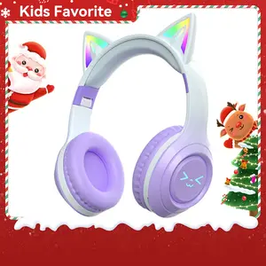 Wireless Headphones Kids Cat Ear Bluetooth Headphones LED Light Up Foldable Over Ear with Built in Microphone for Phone Tablet iPad Laptop Cute for Girls and Boys