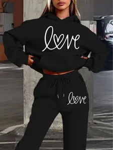 Women's Hooded Sweatshirt Set, Fall & Winter, Valentine's Day Heart Love Print, Casual Fitted, Sweet Style, Daily Wear