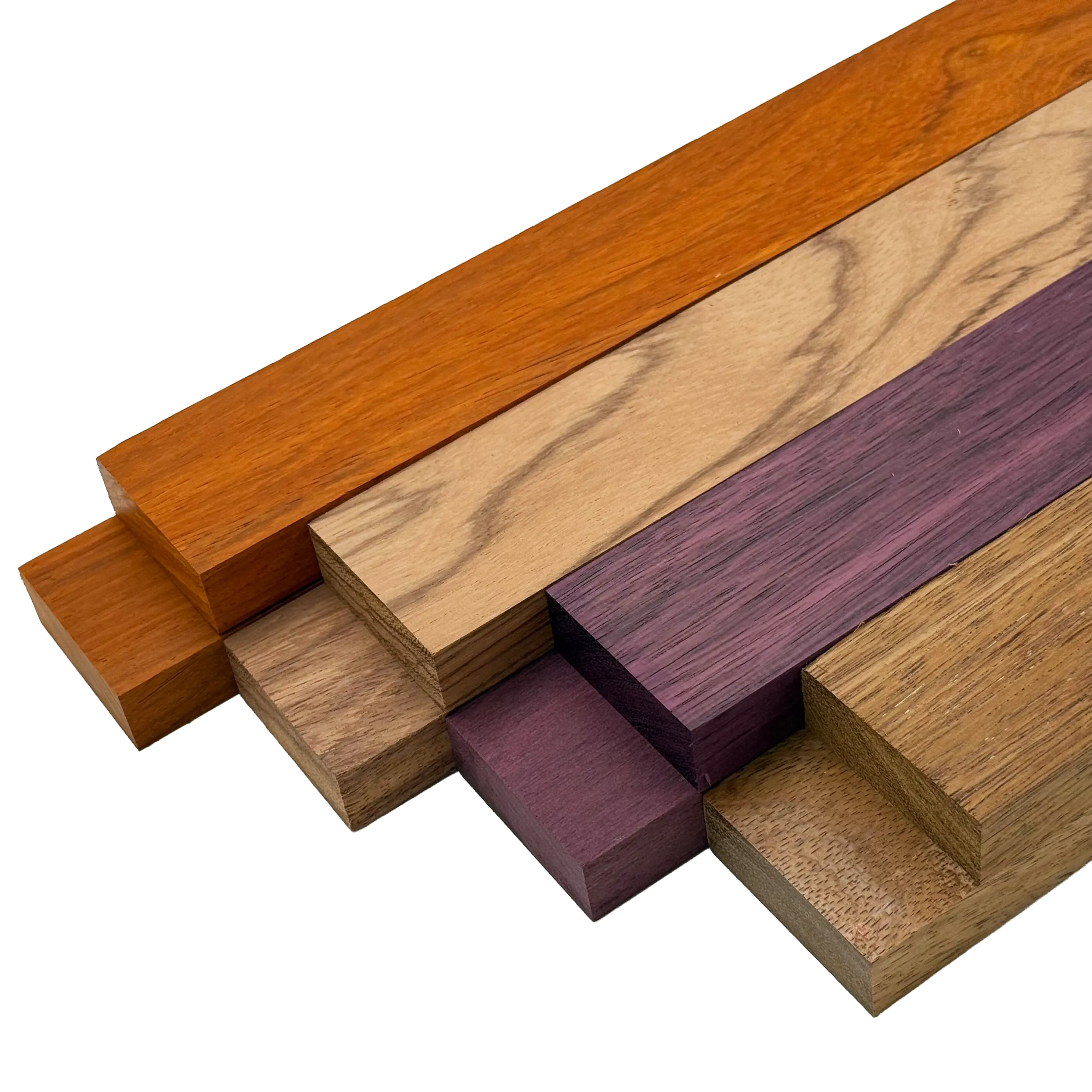 Imported Exotic Hardwood Variety Pack - Padauk, Red Zebrawood, Purpleheart, and Merbau