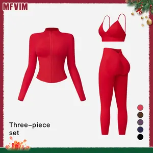Women's Solid Criss Cross Crop Tank Top & High Waist Leggings & Zip Up Crop Jacket Tracksuit Set by MFVIM - Breathable Comfortable Outfits for Yoga, Gym, Workouts, Running, Yoga Wear, Workout Gym Clothing, Gym Sportswear, Casual Activewear