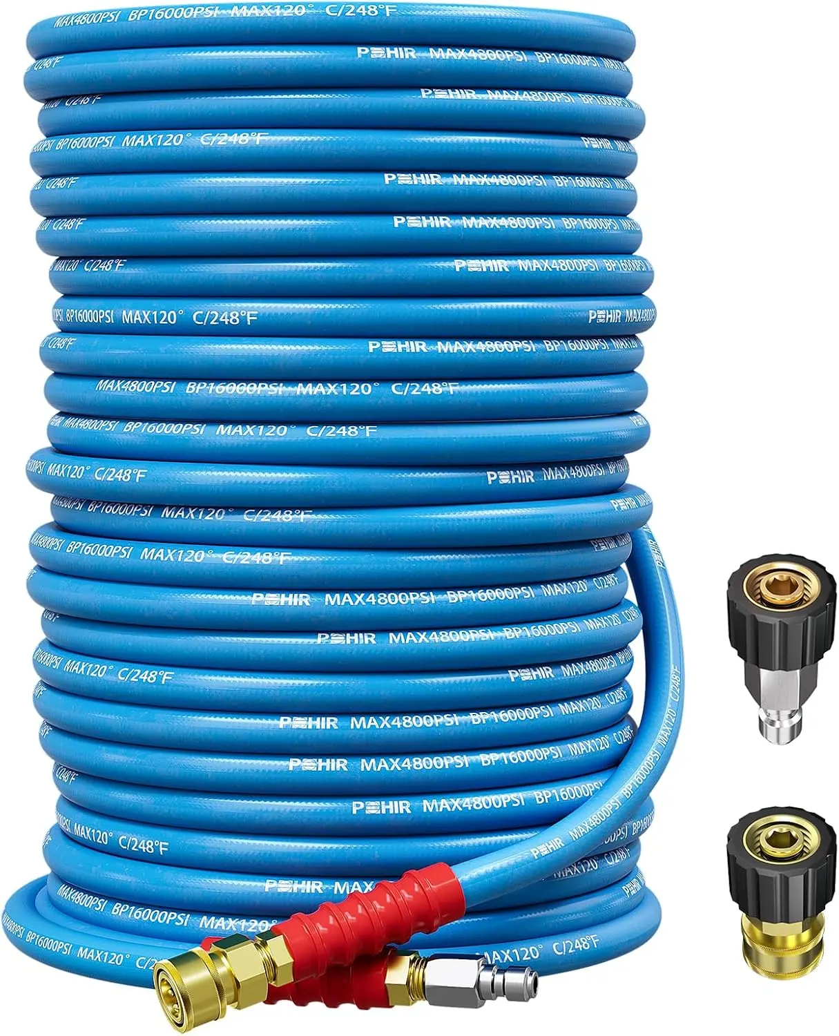 POHIR Pressure Washer Hose 3/8" 4800 PSI, Kink Resistant Industrial Grade Hose with Quick Connect Ends and Adapters for Hot & Cold Water up to 248°F, Steel Wire Braided Hose for Power Washing