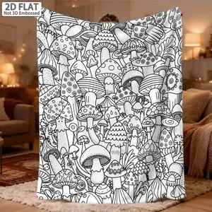2D Flat, 1pc, Soft Plush Mushroom Series Graffiti Coloring Blanket - All-Season Cozy Throw with Long Coloring Book for Adults & Youngsters, Mushroom Design_Zqakd45