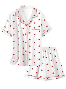 Kids White Red Heart Print 2 Piece Pajama Set Short Sleeve Satin Sleepwear for Boys & Girls, Ideal Kids Girl Stuff & Kids Stuff, Cute Teen Girl Clothes, Soft Comfy PJs 5-14