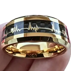 1PC 8mm Stainless Steel Men's Tungsten Ring Black Carbon Fiber Gold Plated Heart Shape Fashion Men Jewelry Accessories Party Gift