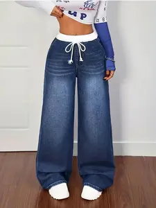 Plus Size Women's Elastic Waist Drawstring Denim Jeans, Mid-Waist Straight Leg Slimming Fit Comfortable Sportswear Pants, All Seasons Casual Style, Womenswear