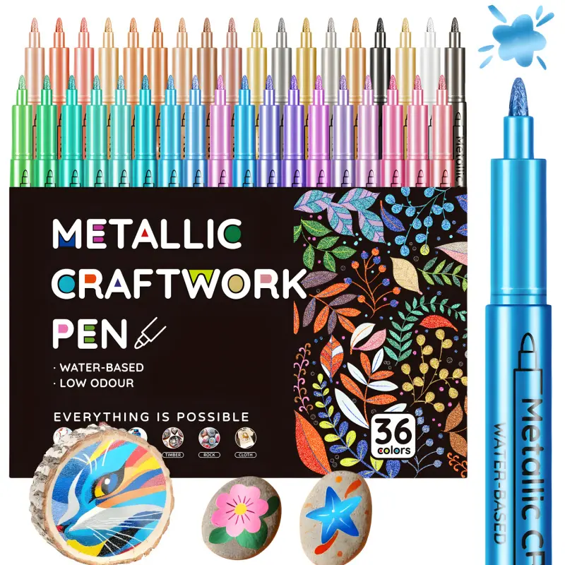Metallic Paint Markers 12/24/36 Colors, Acrylic Paint Pens, Art Markers for Rock Painting, Ceramic, Wood, Canvas, Plastic, Glass, Stone, Calligraphy, Card Making, DIY Crafts, Drawing Tools, 1mm Nib