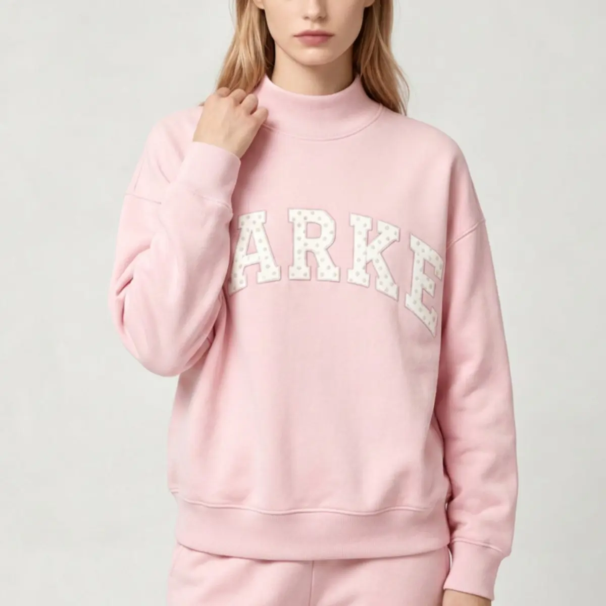 PARKE Women’s Mock‑Neck Pullover Sweatshirt, Loose Fit Letter‑Embroidered Polka‑Dot Long‑Sleeve Warm Workout Fitness Top