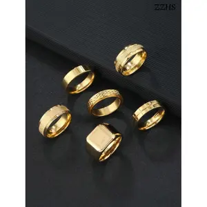 ZZHS 6pcs/Set Stylish Stainless Steel Standing Aspect Rhombus Decoration Gold Men's Ring Set Suitable For Men's Daily Use Gift Jewellery