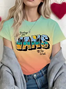 Women's Gradient Vans Graffiti Letter Short Sleeve T-Shirt, Summer Street Style Cool Fit, Faded Print Trendy Top