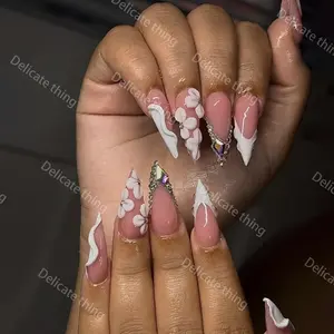 Y2K Style Acrylic Nails Set, Handmade Wearable Nail Tips with Ribbon, French Design, Perfect Gift for Women, Stylish Acrylic Nails, Nail Accessories