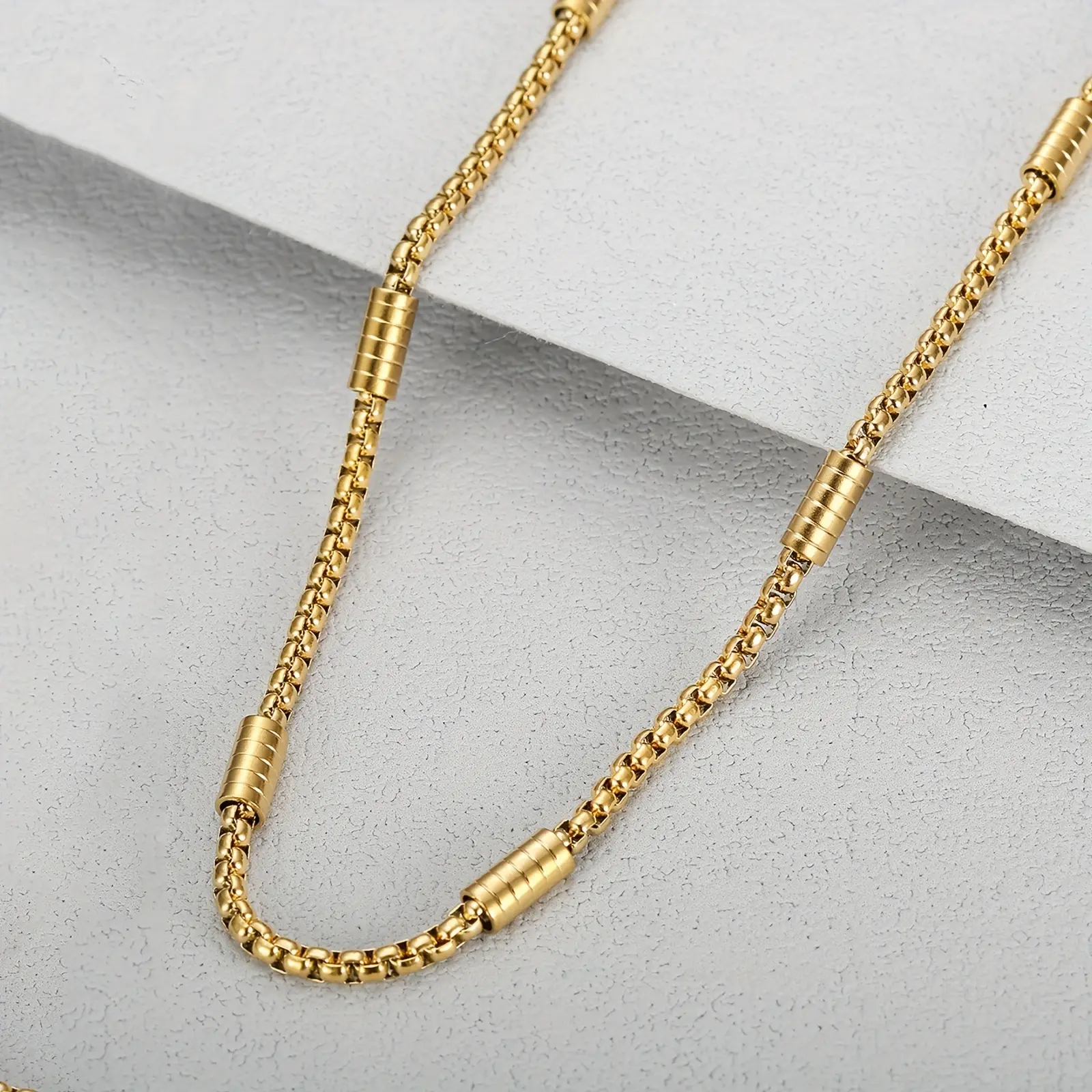 Unisex 18 Karat Gold-Plated Stainless Steel Bamboo Square Pearl Cuban Chain Necklace, 60cm Length, Hip-Hop Look, Gold Choker Complement, Fashionable Daily Wear Gift Accessory, Daily Wear Necklace, Necklace Gift