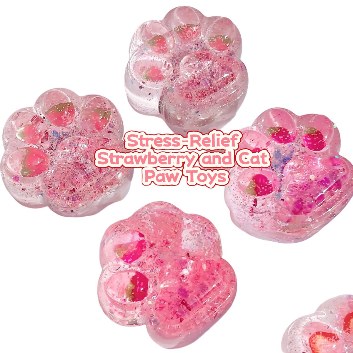 “Crystal Style” Cat Paw Squeeze Toy — Cute, Transparent TPR Stress Relief Toy (Large Size) — Strawberry-Themed Stress Relief Toy