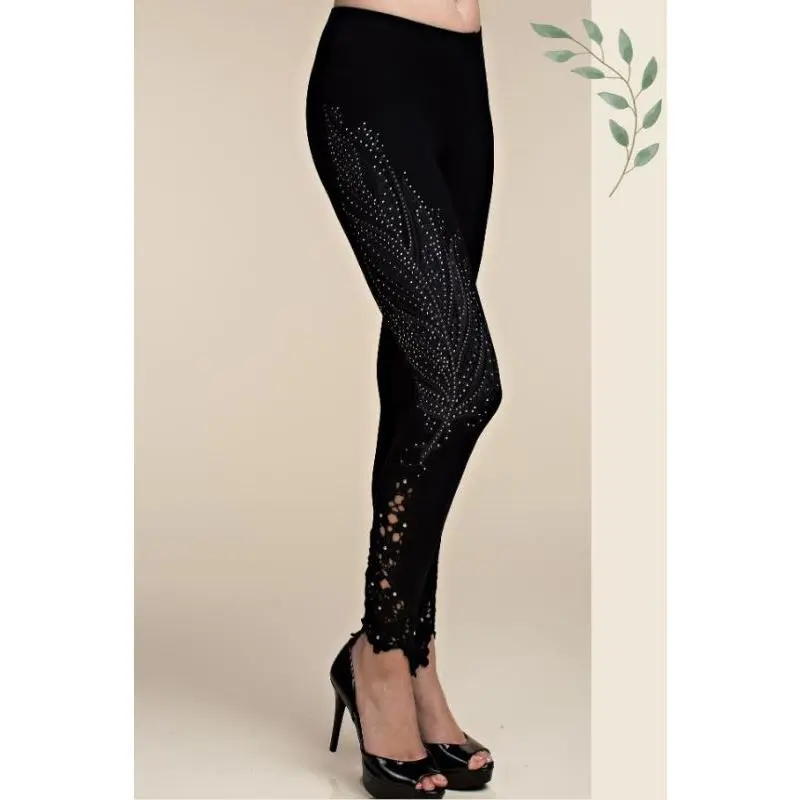 Vocal Leaf Print Rhinestone Leggings - Black