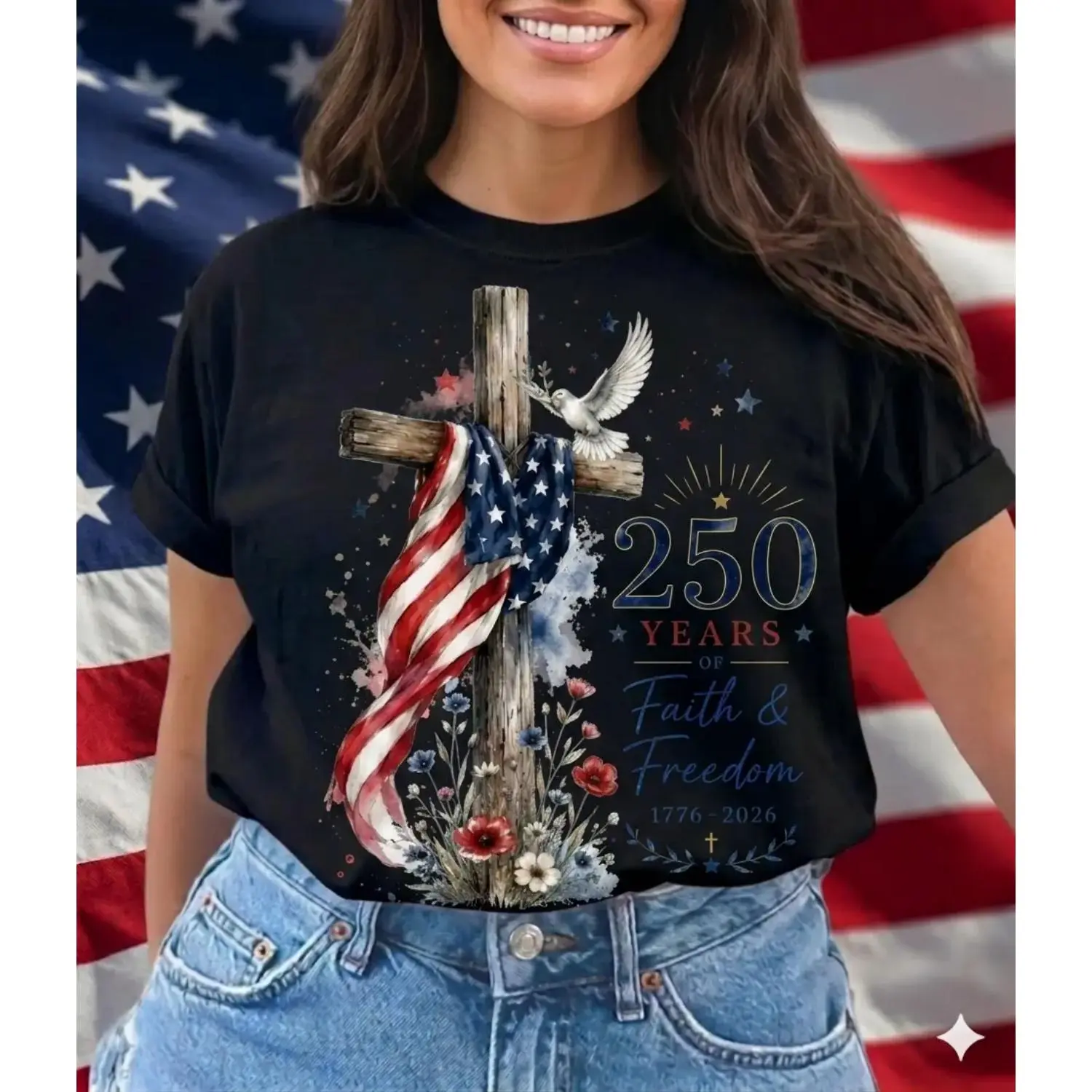 Patriotic Cotton TShirt Celebrating Americas 250th Birthday Cross Graphic Faith And Freedom 1776 2026 Womenswear Top Ideal For Fourth Of July Proud American Gift