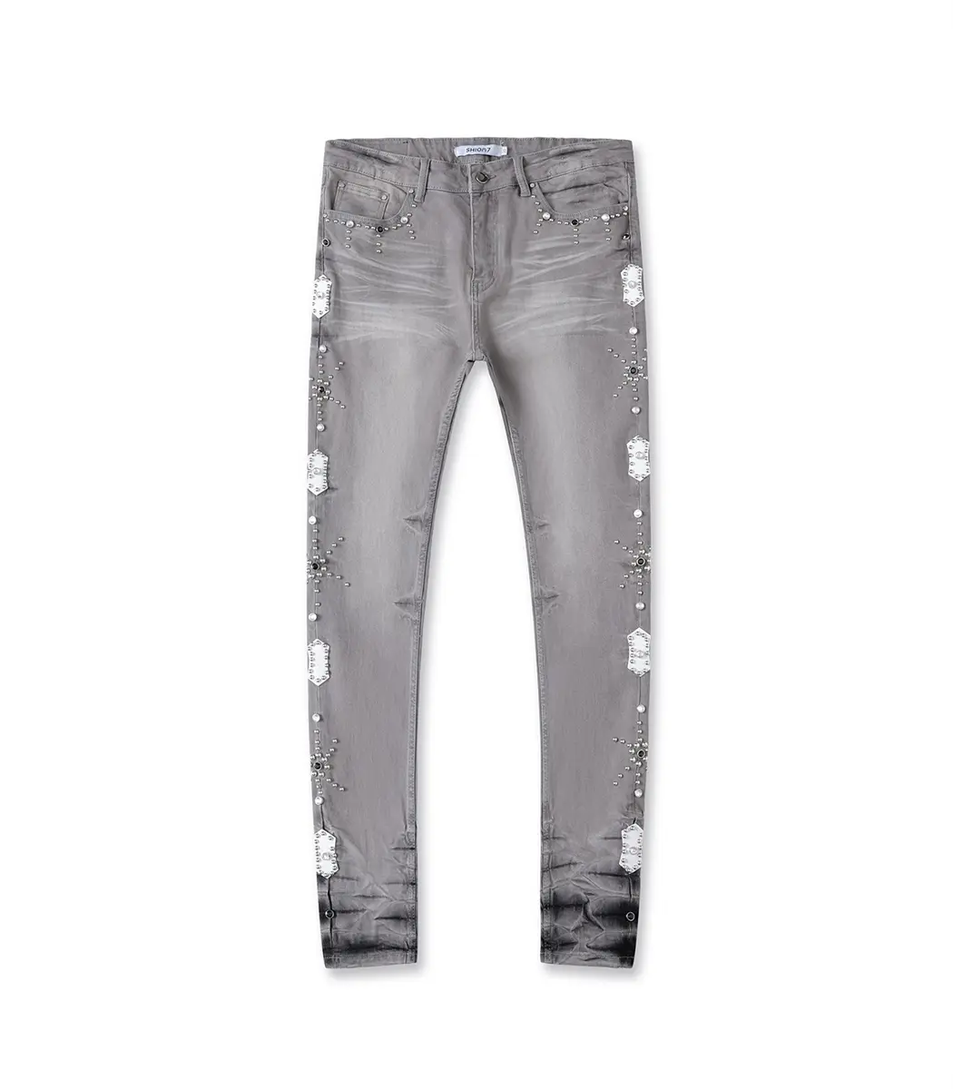 Trendy Skinny Stretchy Light Grey Patched Jeans Men, Beading & Embroidery Stylish Denim Pants