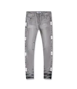 Trendy Skinny Stretchy Light Grey Patched Jeans Men, Beading & Embroidery Stylish Denim Pants