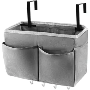 F-SBB57  Bedside Storage Organizer 5 Pockets with 4 Hooks Hanging Storage Bag for Headboards/Bunk Bed (Grey)