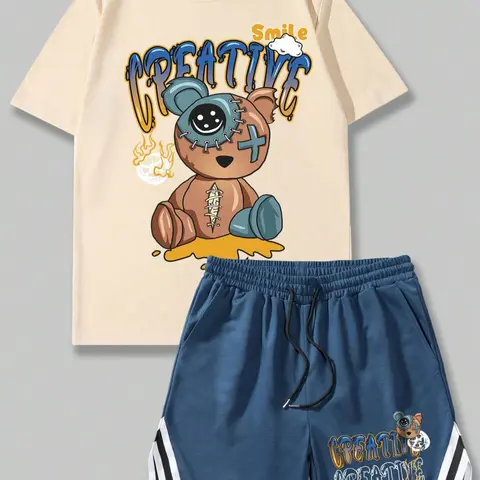 Men's 2pcs Cartoon Bear Graphic Tee & Contrast Trim Drawstring Shorts Set, Menswear, National Day Clothing, Casual Comfy Summer Sets Cozy Breathable Fabric Elastic Stretch Men Two-Piece Outfits for Summer